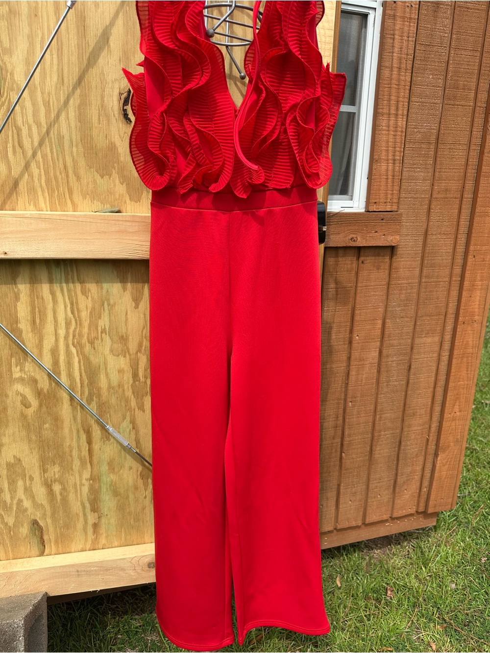 SHEIN Red Ruffle V-Neck Wide-Leg Jumpsuit
